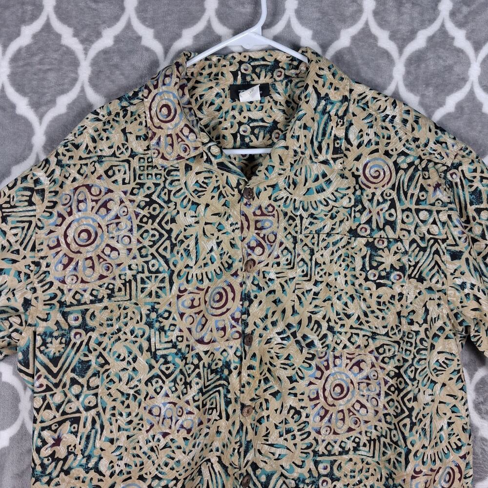 Rebesse Hawaiian Shirt Men Large Brown Tribal Print Short Sleeve Button Up USA